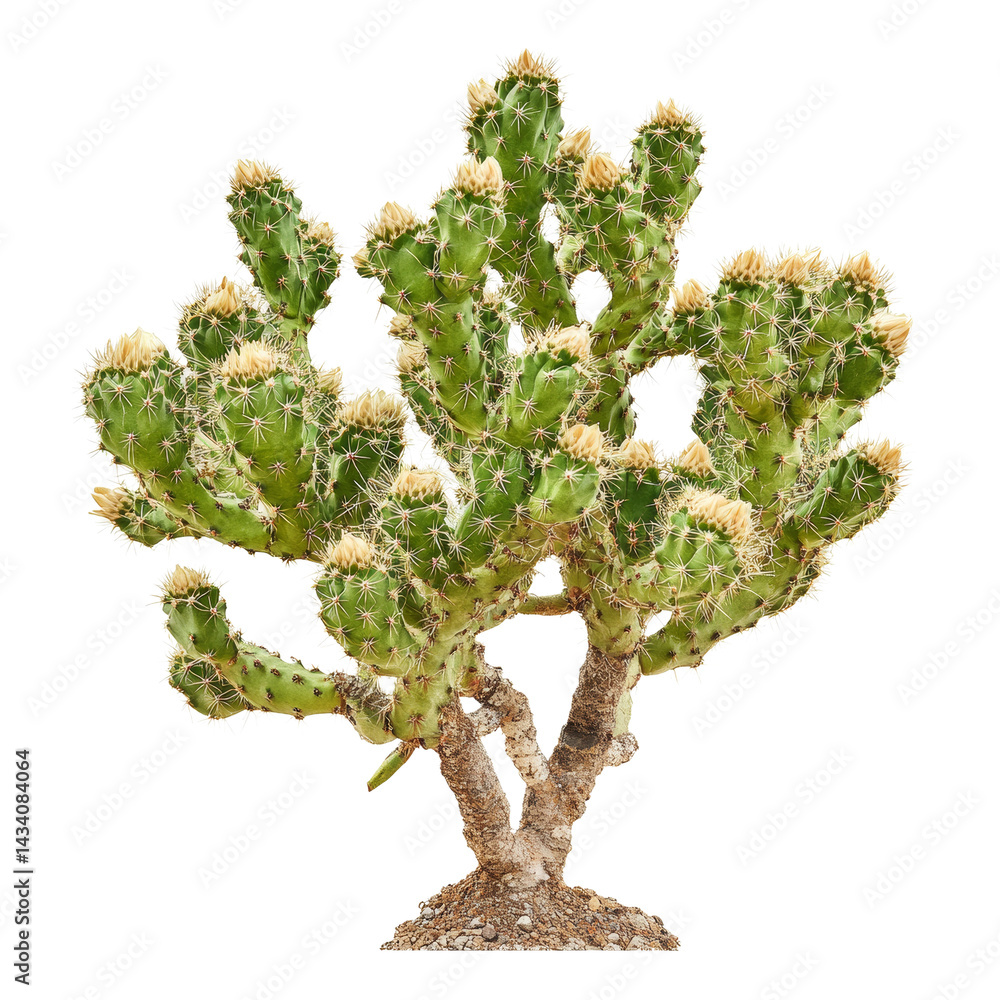 Poster sculptural branching cactus specimen with intricate details on transparent background