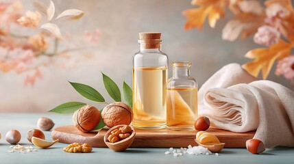Natural Beauty Still Life: Walnut Oil, Salt, and Ingredients on Wooden Board for Skincare and Wellness.