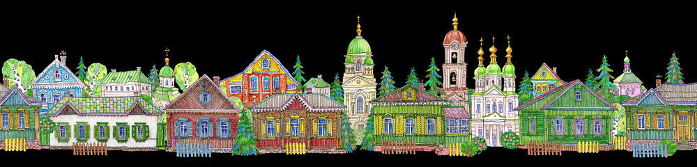 Fototapeta premium Seamless border pattern of fairy tale wooden houses street, churches, trees. Hand drawn pencils sketch on a black background