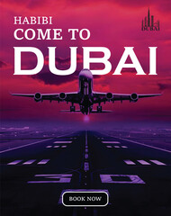 dubai travel flyer ,plane taking off from airport, vector design 