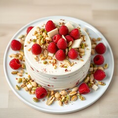 white cake with strawberries and nuts 