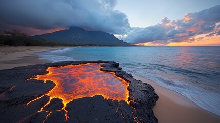 Fototapeta premium Lava pool sits on a beach next to the ocean. The lava is orange and the water is blue. The scene is serene and peaceful, with the ocean waves gently lapping at the shore