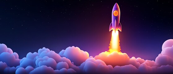 Rocket launching through colorful clouds in a starry sky.