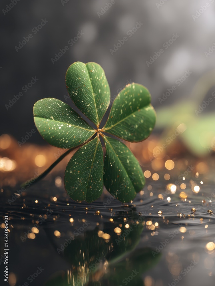 Poster captivating four leaf clover detail against a dark background with bokeh lights creating a magical a