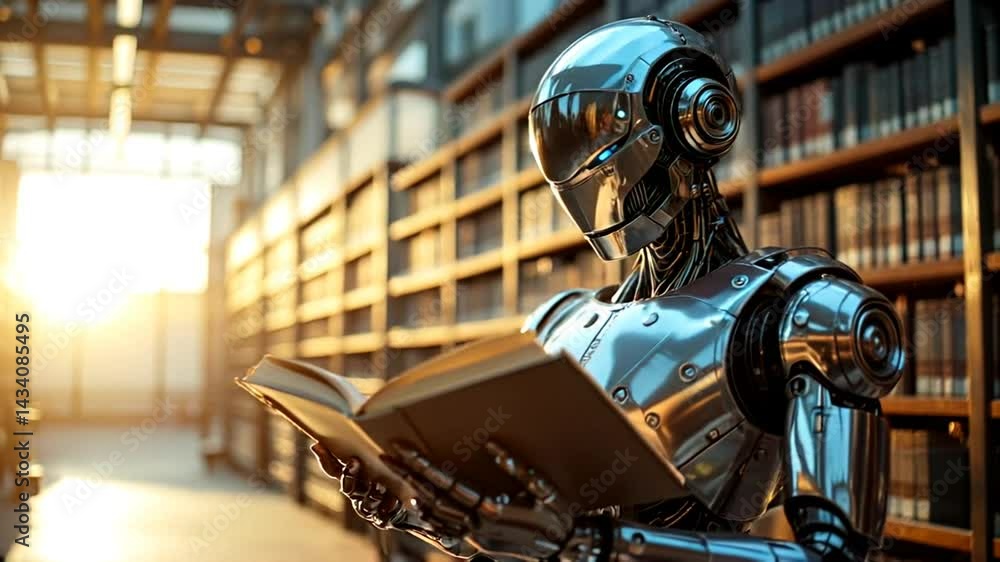Poster Futuristic Robot Reads a Book in a Sunlit Library, Exploring Knowledge and Technology