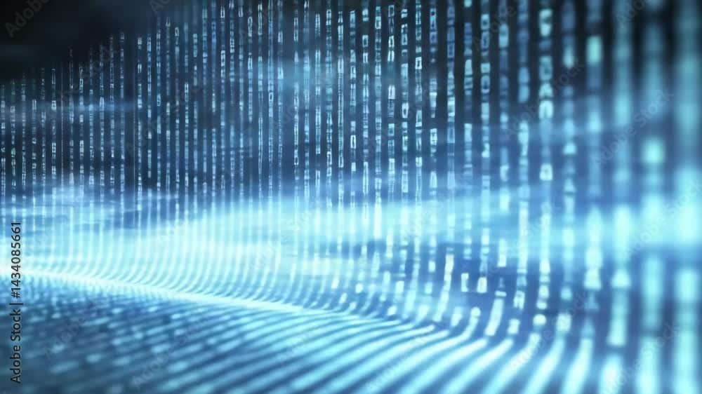 Poster glowing blue digital code stream in futuristic 3d cyberspace tunnel animation