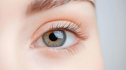 Obraz premium Close Up Of A Human Eye With Glittering Eyelashes Showing Brown And Gray Iris With White Background