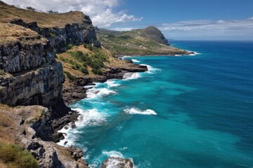 Fototapeta premium Dramatic coastal cliffs meet turquoise ocean in Madeira Portugal under a bright blue sky offering a scenic view of nature and tranquil seascape