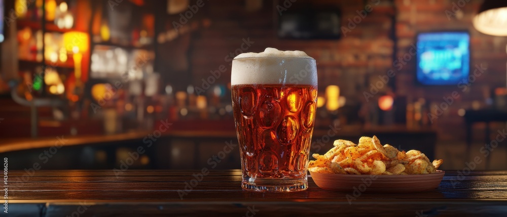 Poster refreshing beer with snack on wooden bar counter in pub setting with warm lighting and blurred backg