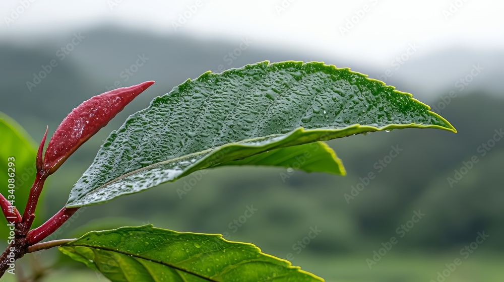 Poster leaf is wet and has a red tip. the leaf is on a plant in a field
