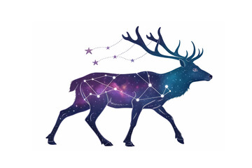 Obraz premium Majestic cosmic deer a celestial stag silhouetted against a vibrant nebula adorned with sparkling constellations and a flowing star trail Intricate line art digital illustration