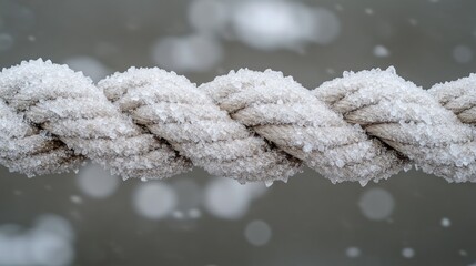 Icy rope coils in winter.  Close-up view of a rope covered in frost,  winding its way against a soft, out-of-focus background of winter precipitation