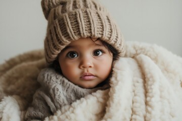 Adorable baby wearing a knitted beanie and wrapped in a soft, fluffy blanket, creating a cozy and heartwarming scene
