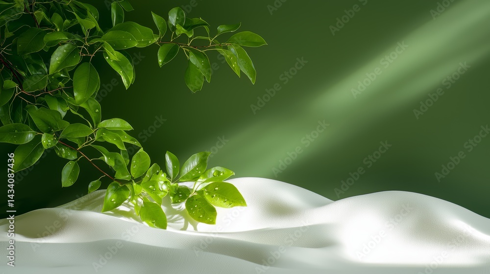 Poster leafy green branch is on a white sandy surface. concept of calm and tranquility, as the natural elem
