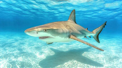 Fototapeta premium Underwater shot of a shark. A light-tan shark with a wide mouth is swimming in clear, light-blue water over a sandy bottom. Its fins are extended and it appears alert