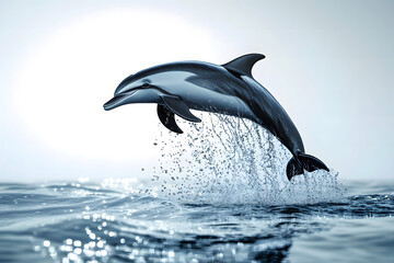 Fototapeta premium Glossy dolphin jumping out of the ocean water with splash effect on a clear background