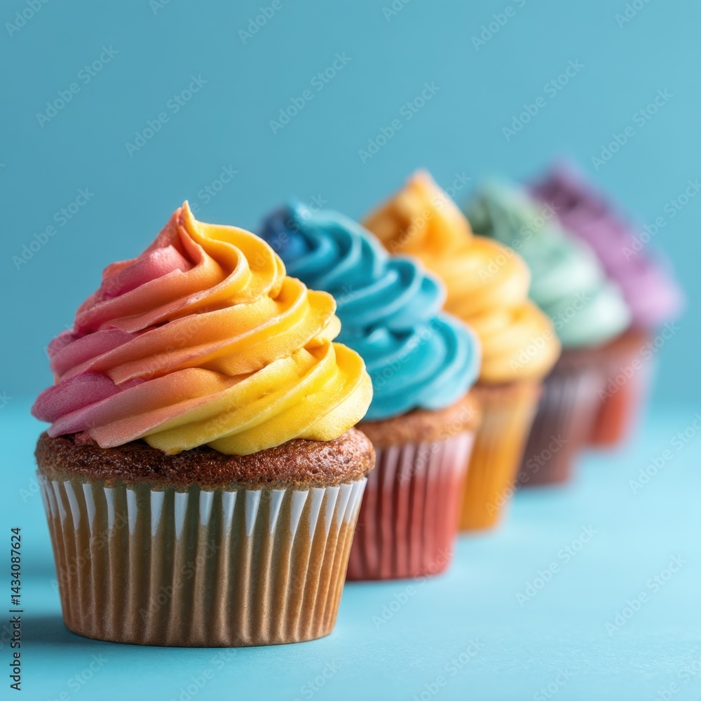 Poster delicious row of colorful cupcakes with rainbow frosting isolated on vibrant blue background capture