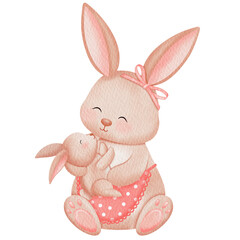 Cute watercolor mother and baby rabbits.  Mother's Day.