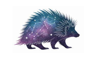 A celestial porcupine its quills shimmering with a cosmic nebula and constellations a magical night sky creature art print watercolor style purple and blue hues starry animal