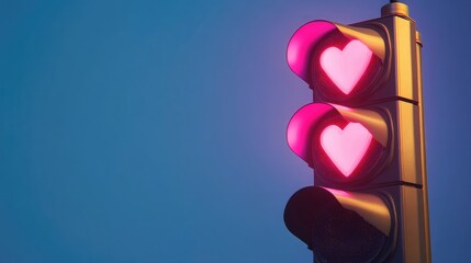 Pink traffic light with glowing red heart symbol against a clear blue sky in 3D rendering