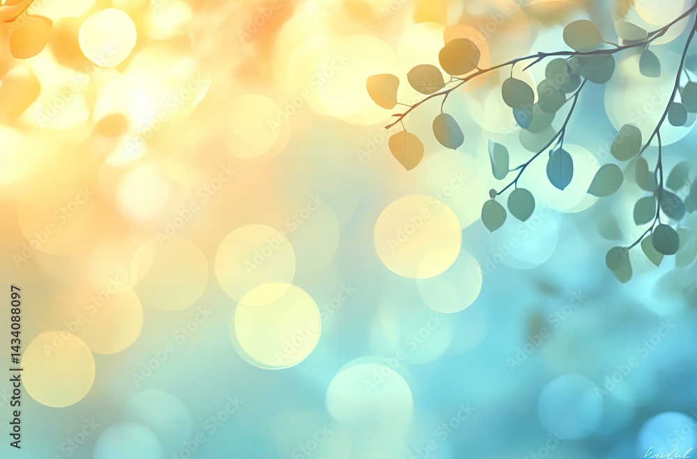 Poster leafy branches on abstract bokeh background with pastel color gradient effect