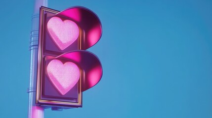 Pink traffic light with glowing heart signals on blue background symbolizing love and Valentine's Day celebration in 3D rendering