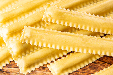 Pasta parpadelle stuffing mushrooms dish vegetable fresh gourmet food background on table rustic...