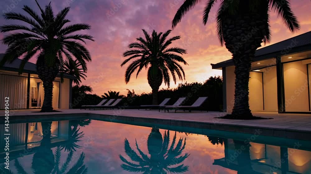 Aufkleber Palm trees silhouette against a vibrant sunset sky. Their graceful forms mirrored in the still water of a luxurious pool beside a modern. Illuminated villa. Creating a serene and inviting atmosphere