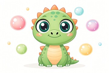 Fototapeta premium Adorable Cartoon Baby Dinosaur with Colorful Bubbles Cute Green Dragon Illustration