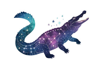 Obraz premium A celestial crocodile a cosmic wonder its scales shimmering with constellations a night sky creature in vibrant purples and blues against a pristine white background Watercolor art