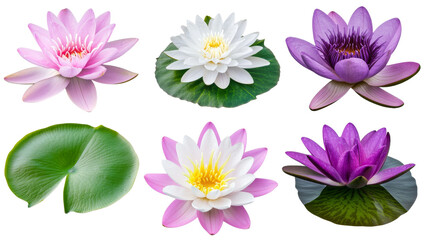 Obraz premium Collection of Colorful Lotus Flowers in Various Shades Floating on Green Leaves