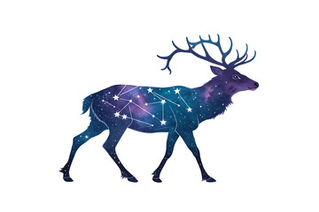 Obraz premium Majestic cosmic deer a celestial creature gracefully walking against a white background showcasing a nebula like design within its form featuring intricate star constellations and a captivating purple