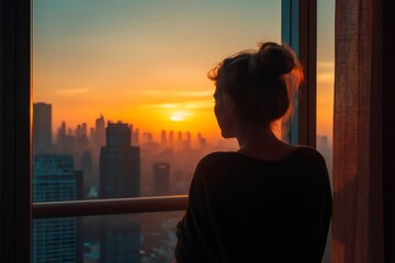 Woman admiring breathtaking cityscape at dawn, enjoying golden hour view from her high rise apartment