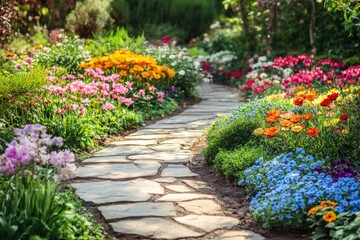 Colorful flower garden path with stone walkway