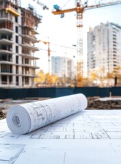 Construction blueprints rolled out on a building site