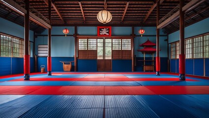 Vibrant blue and red tatami mats in martial arts hall