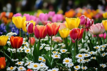 Obraz premium Colorful tulip garden in spring sunlight