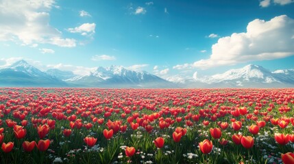 Fototapeta premium Vibrant red tulip field against majestic snow-capped mountains under a bright blue sky.