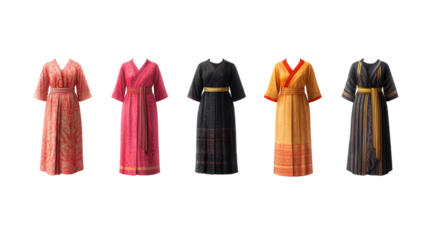 Traditional Asian Robes in Various Colors and Patterns on Transparent Background