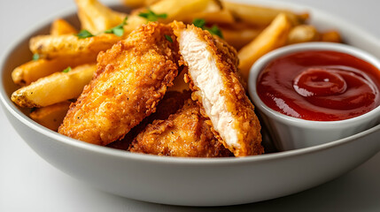 Crispy Fried Chicken Tenders with Golden Fries and Ketchup