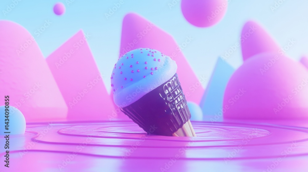 Poster surreal ice cream cone dreamscape with pastel geometric shapes and vibrant color palette creating a 