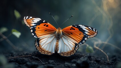 Obraz premium Vibrant butterfly at rest on dark earth