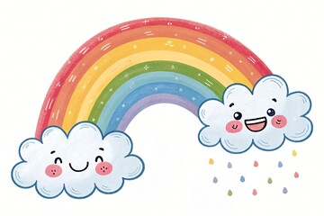 Colorful Rainbow with Cute Cartoon Clouds and Raindrops Happy Weather Illustration for Kids