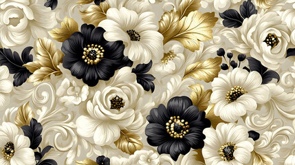 Luxurious floral design with black and gold blossoms.