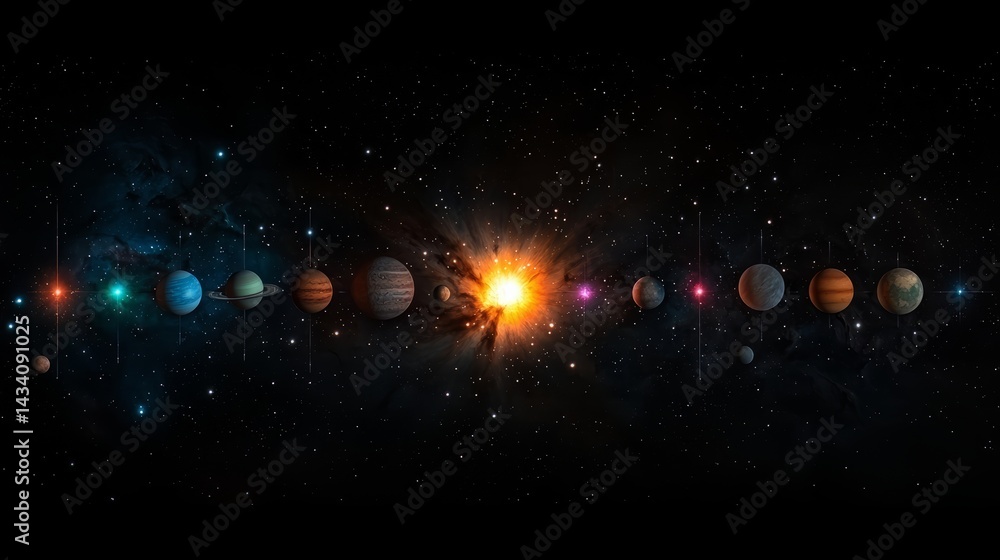 Poster long line of planets in the sky, with the sun in the middle. the planets are in different colors and