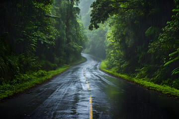 Scenic winding road in a rainforest during rainfall.