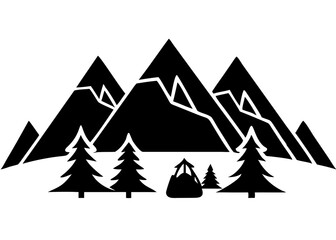 Obraz premium Creative Black Silhouette of Mountains and Fir Trees | Camping Adventure Wildlife Landscape Icon Vector Illustration