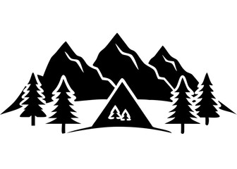 Creative Black Silhouette of Mountains and Fir Trees | Camping Adventure Wildlife Landscape Icon Vector Illustration