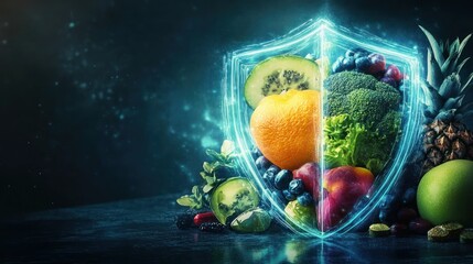 Healthy fruits & vegetables forming a protective shield.