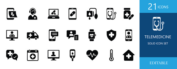 A professional Telemedicine Solid Icon Set featuring healthcare consultation, online medical service, remote diagnosis, and e-health devices. Perfect for apps, websites, and healthcare projects